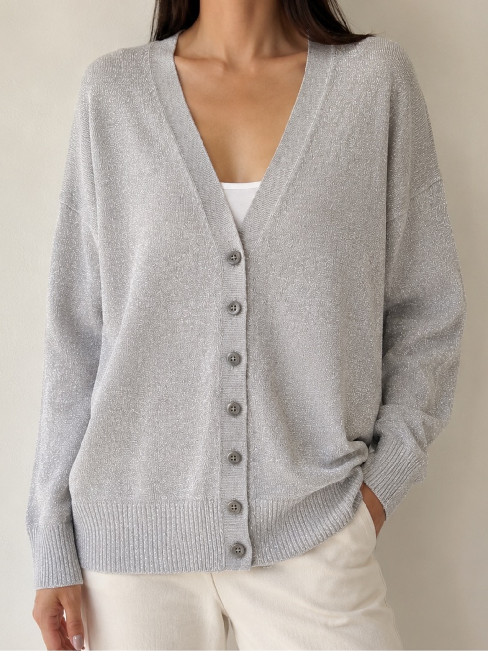 Allude Metallic Knit V-Neck Cardigan Cashmere Blend Relaxed XS